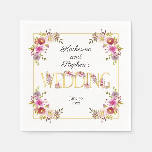 鮮やかな開花 |金ゴールド文字の水色結婚の スタンダードカクテルナプキン (正面)