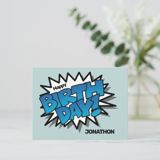 鮮やかな青いコミック テキスト - 誕生日おめでとう ポストカード (スタンド正面)