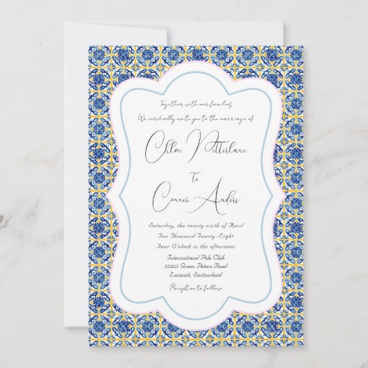 鮮やかな青いタイルの結婚式 招待状 (正面)
