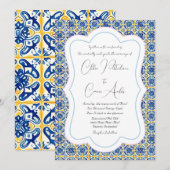 鮮やかな青いタイルの結婚式 招待状 (正面/裏面)