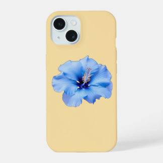 鮮やかな青いハイビスカスのトロピカルフラワーと黄色の背景 iPhone 15ケース