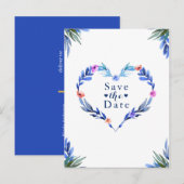 鮮やかな青いハートの花の水彩画 Save the Date 案内ポストカード (正面/裏面)