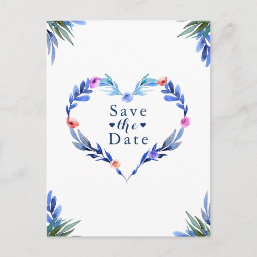 鮮やかな青いハートの花の水彩画 Save the Date 案内ポストカード (正面)
