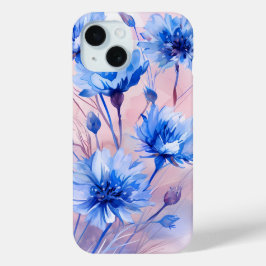 鮮やかな青いヤグルマギクの水彩画スマホケース iPhone 15ケース