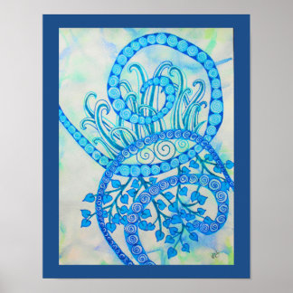 鮮やかな青い抽象芸術らせん状と植物 ポスター