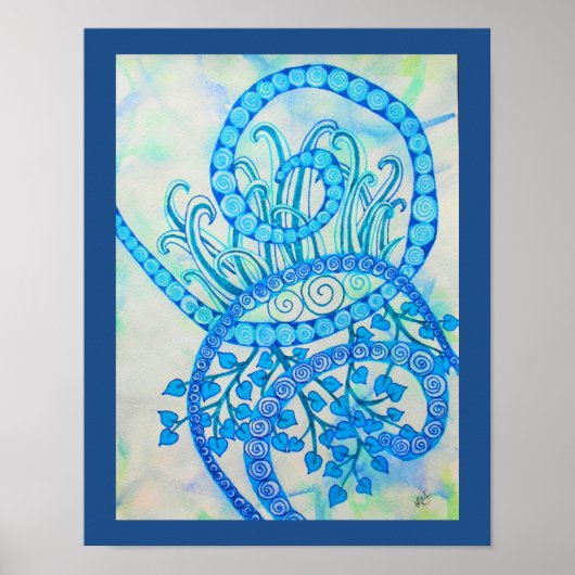 鮮やかな青い抽象芸術らせん状と植物 ポスター (正面)