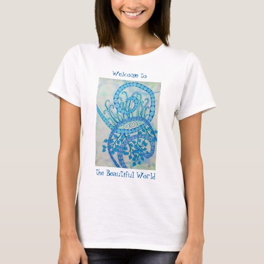 鮮やかな青い抽象芸術らせん状と植物 Tシャツ (正面)
