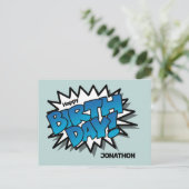 鮮やかな青い漫画風テキスト - ハッピーバースデー ポストカード (スタンド正面)