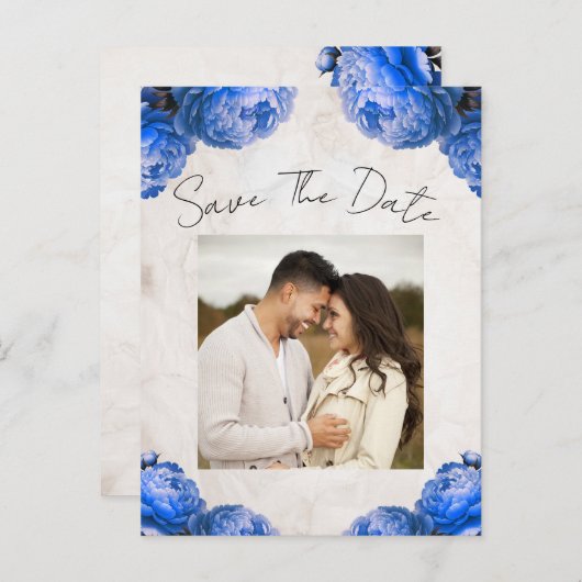 鮮やかな青い牡丹の花ヴィンテージ保存日付 案内ポストカード (正面/裏面)