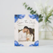 鮮やかな青い牡丹の花ヴィンテージ保存日付 案内ポストカード (スタンド正面)