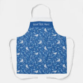 鮮やかな青と冬の白い鳥の花柄 エプロン (正面)