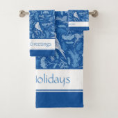 鮮やかな青と冬の白い鳥の花柄 バスタオルセット (インサイチュ)