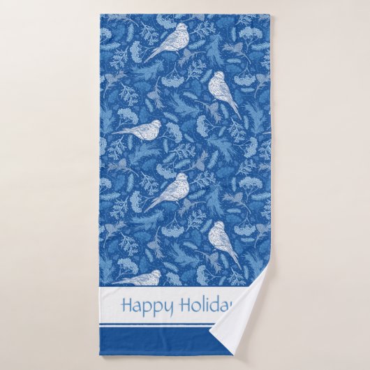 鮮やかな青と冬の白い鳥の花柄 バスタオルセット (バスタオル)