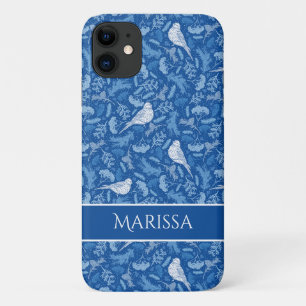鮮やかな青と冬の白い鳥の花柄 iPhone 11 ケース