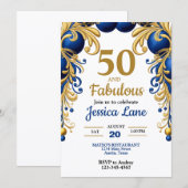 鮮やかな青と金の誕生日パーティー 招待状 (正面/裏面)