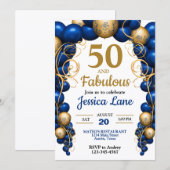 鮮やかな青と金の誕生日パーティー 招待状 (正面/裏面)