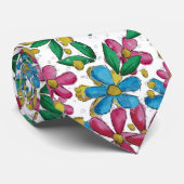 鮮やかな青と黄色とピンクのサマー フラワーパターン ネクタイ (ロール)