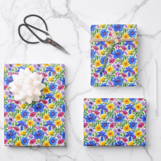 鮮やかな青と黄色と赤と紫の花の柄 ラッピングペーパーシート (正面)