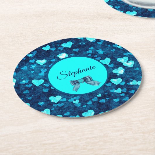 鮮やかな青のハート ラウンドペーパーコースター (アングル)