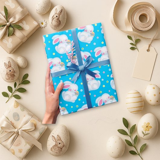 鮮やかな青の愛らしいウサギの卵 イースター ラッピングペーパー