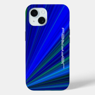 鮮やかな青の緑のスターバストパーソナライズ名タフ iPhone 15ケース