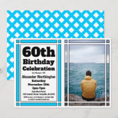 鮮やかな青の60歳写真付き誕生日招待状 招待状 (正面/裏面)