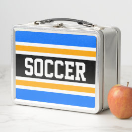 鮮やかな青 黒 白 オレンジ サッカー ストライプ メタルランチボックス