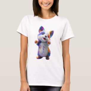 鮮やかな飛沫ペイントの虹色コーギーの子犬 女性 Tシャツ