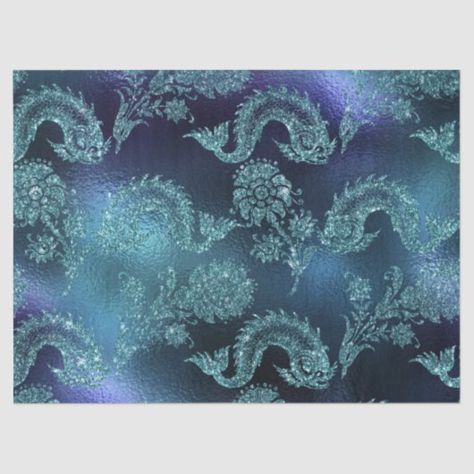 鮮やかな魚と花が青いデコパージュに 薄葉紙 (正面)