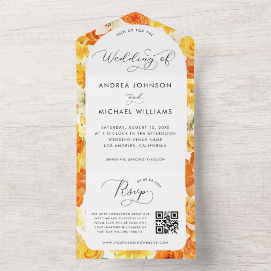 鮮やかな黄色とオレンジの夏の花のQRコード結婚式 オールインワン招待状 (内側)