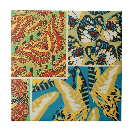 鮮やかな黄色とシアンのアールデコの蝶アート タイル (正面)