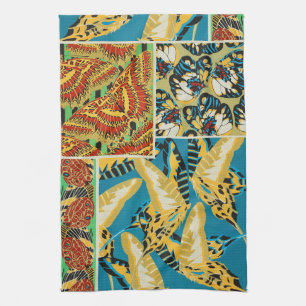 鮮やかな黄色とシアンのアールデコ蝶アート キッチンタオル