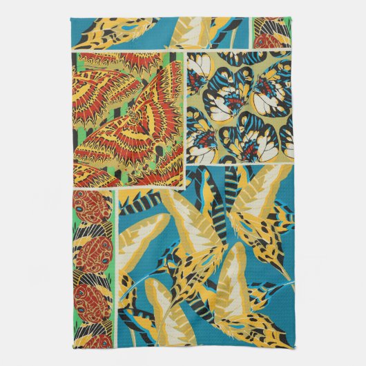 鮮やかな黄色とシアンのアールデコ蝶アート キッチンタオル (縦)