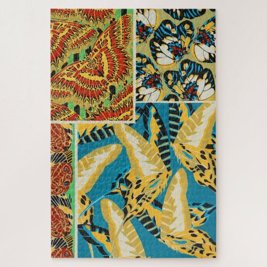 鮮やかな黄色とシアンのアールデコ蝶アート ジグソーパズル (縦)