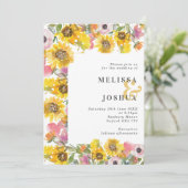 鮮やかな黄色とピンクの花の結婚式 招待状 (スタンド正面)