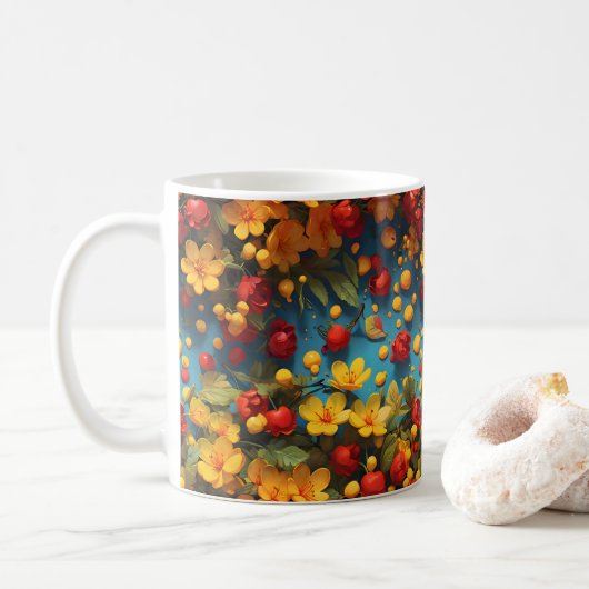 鮮やかな黄色と赤の花柄デザイン コーヒーマグカップ (ドーナツ)