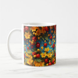 鮮やかな黄色と赤の花柄デザイン コーヒーマグカップ