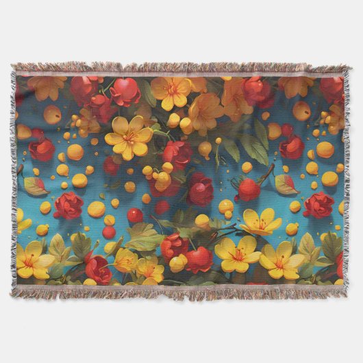 鮮やかな黄色と赤の花柄デザイン スローブランケット (正面)