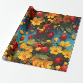 鮮やかな黄色と赤の花柄デザイン ラッピングペーパー