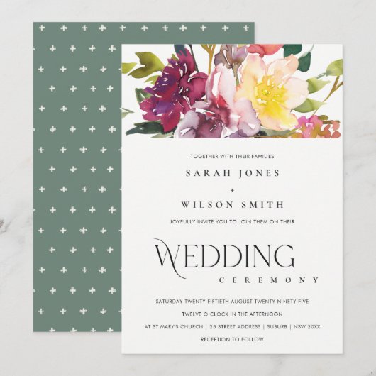 鮮やかな黄色のブッシュ バーガンディ フラワーバンチ ウェディング 招待状 (正面/裏面)