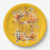 鮮やかな黄色の桃色のブロンズ鳥かごシャワー ペーパープレート (正面)