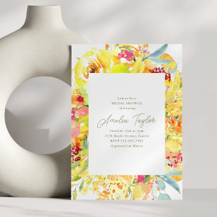 鮮やかな黄色の水彩花のブライダルシャワー 招待状