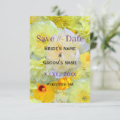 鮮やかな黄色の花のデザインの「Save the Date」カード | 現代的で陽気な セーブザデート (スタンド正面)