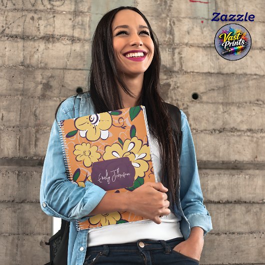 鮮やかな黄色の花を飾ったオレンジ色の背景のオリジナル名前付きノート ノートブック