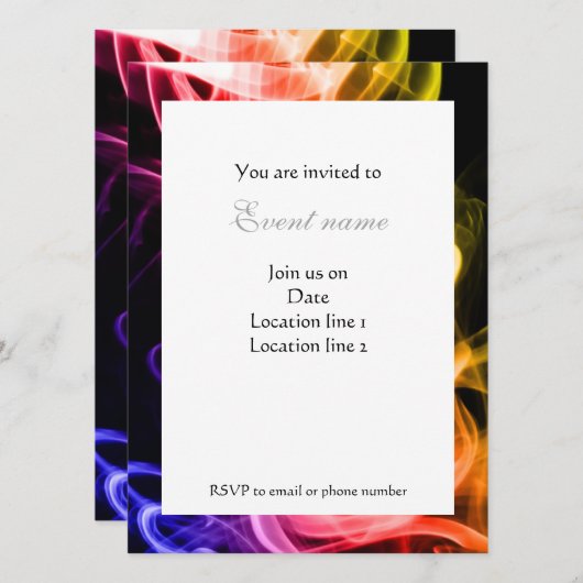 鮮やかな黄色 オレンジ 紫色の抽象的な煙の招待状 招待状 (正面/裏面)