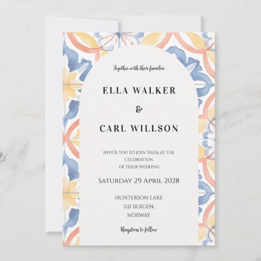 鮮やかな黄色 青 オレンジ イタリアン タイル ウェディング 招待状 (正面)