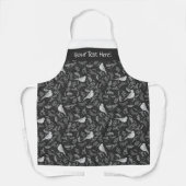 鮮やかな黒と冬の白の鳥花柄 エプロン (正面)