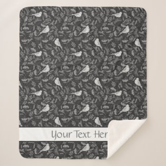 鮮やかな黒と冬の白の鳥花柄 シェルパブランケット