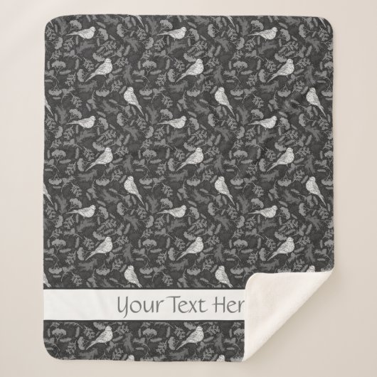 鮮やかな黒と冬の白の鳥花柄 シェルパブランケット (正面)