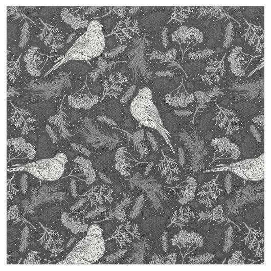 鮮やかな黒と冬の白の鳥花柄 ファブリック (クローズアップ)